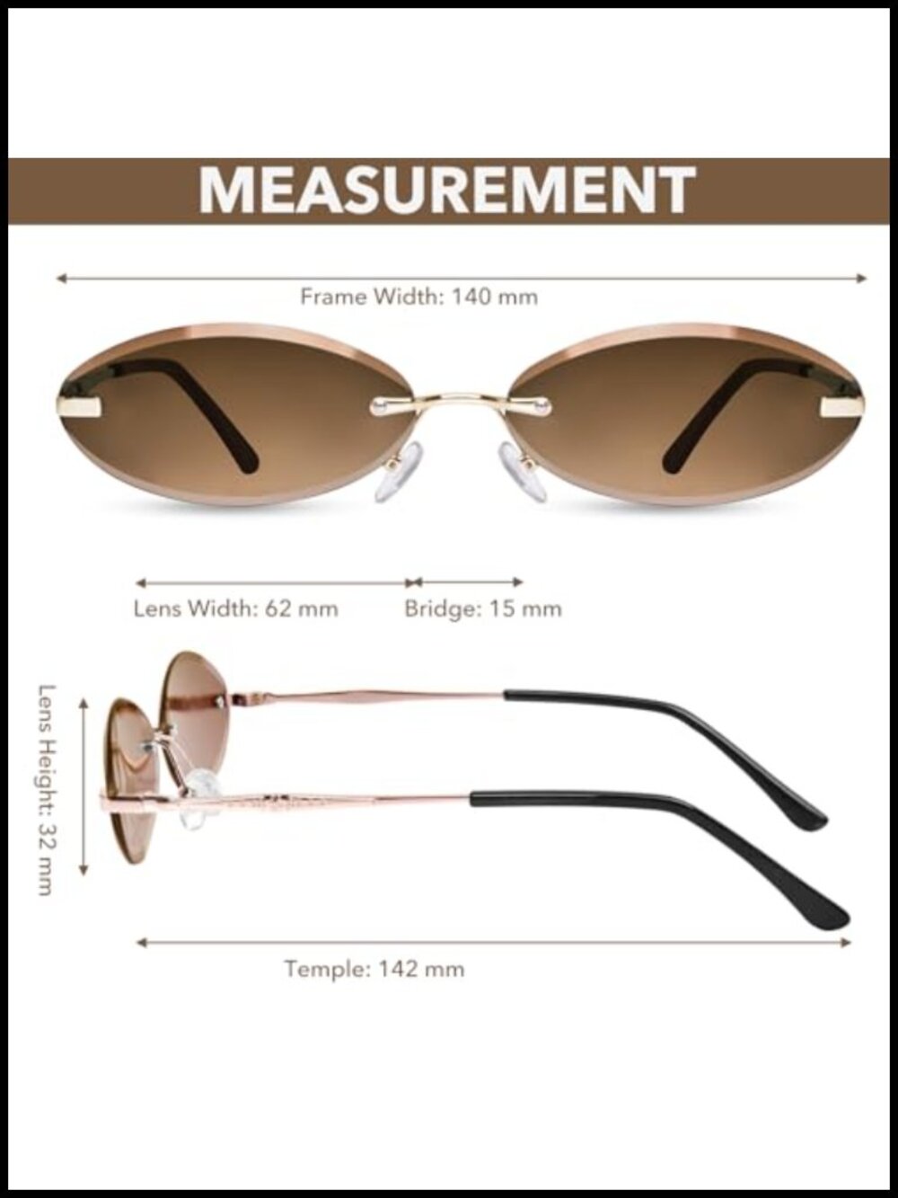Rimless Oval Sunglasses with UV400 Protection Trendy Metal Frame - Picture 2 of 6
